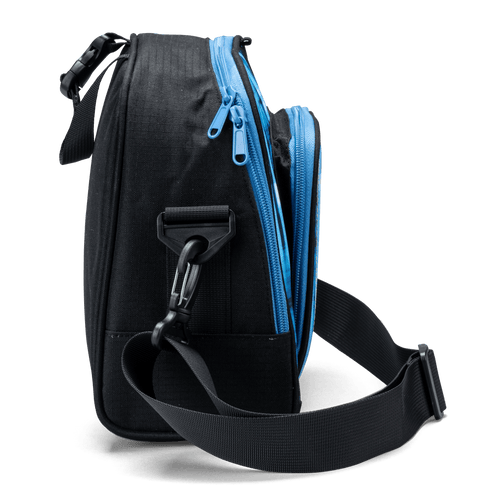 The side profile of a black Totem lunch bag with blue zip detailing and a detachable shoulder-strap clip.