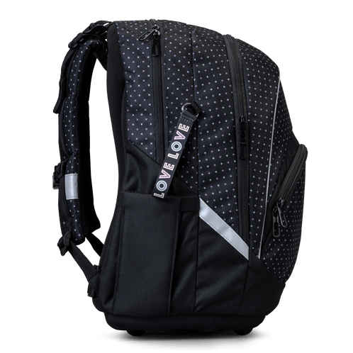 A side view of the Totem ergonomic wheeled school backpack with tiny lilac and white cross print and a reflective safety strip.
