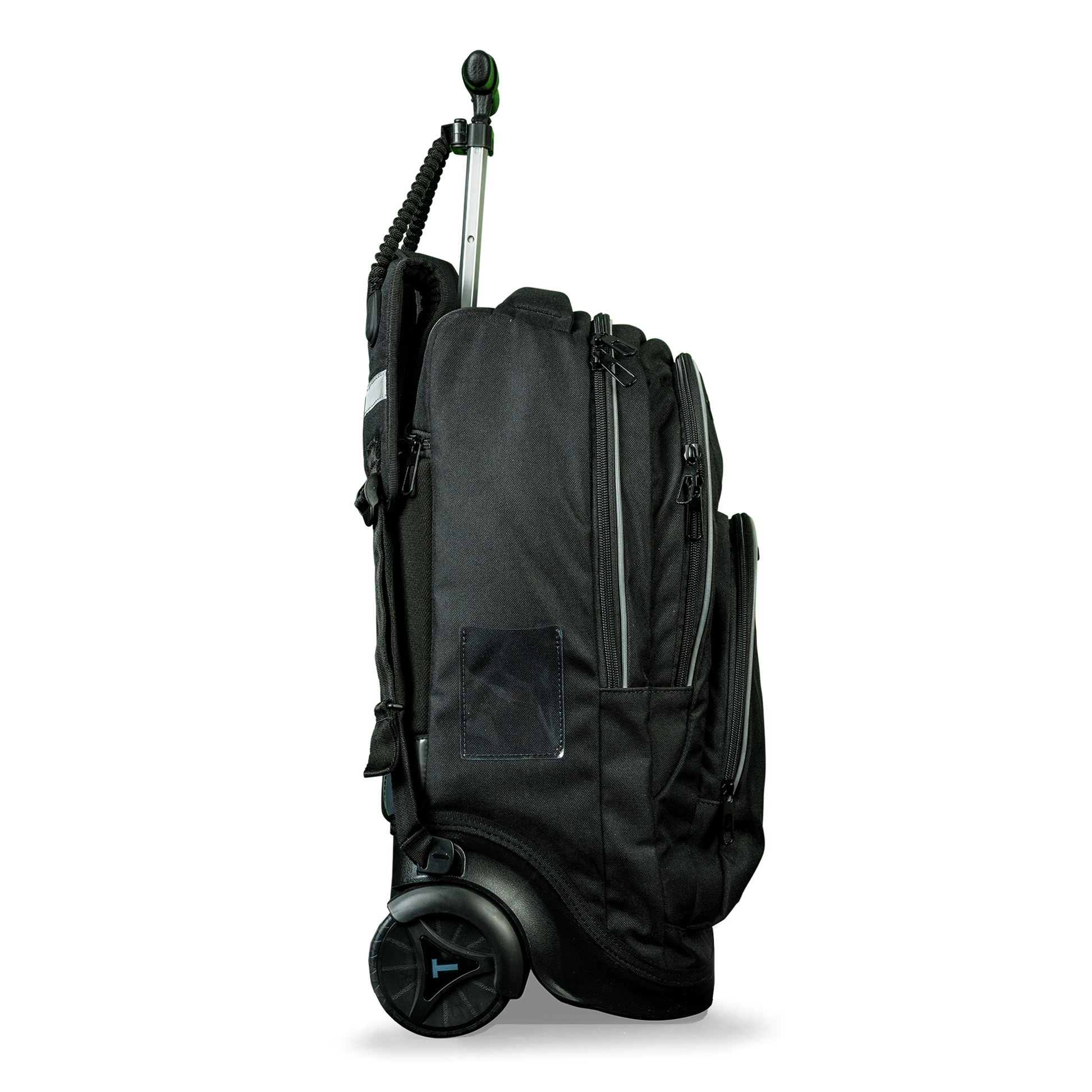 A side view of a black school trolley bag with wheels and a handle that also has shoulder holders so that you can carry it on your back.