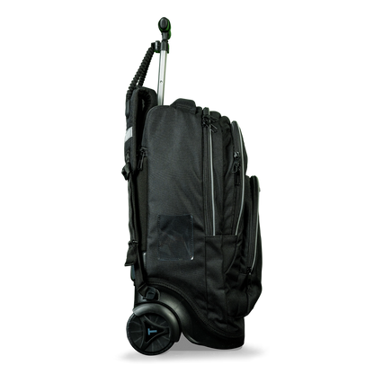 A side view of a black school trolley bag with wheels and a handle that also has shoulder holders so that you can carry it on your back.