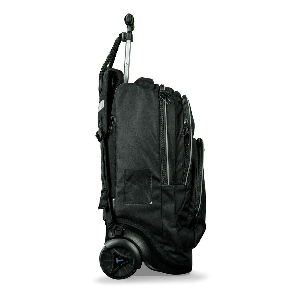 A side view of a black school trolley bag with wheels and a handle that also has shoulder holders so that you can carry it on your back.