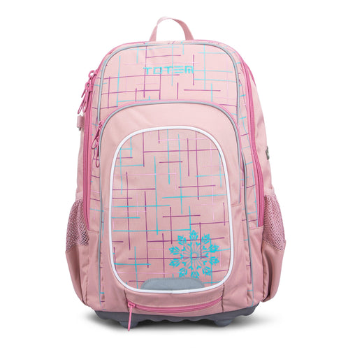 The front view of a pink Totem school bag featuring geometric line patterns in purple and blue and a snowflake graphic.