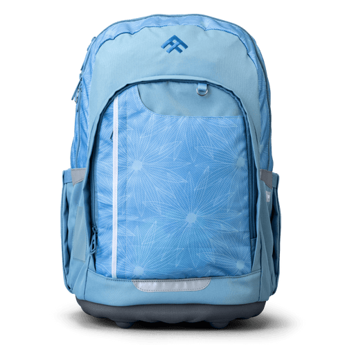 The front view of a light blue Totem school backpack with a large floral starburst print front panel and side pockets