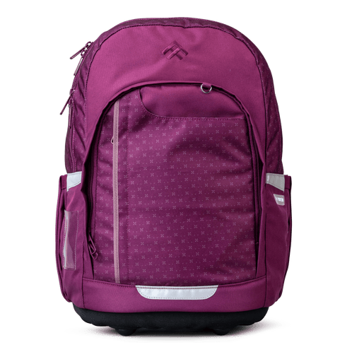 The front view of a berry purple Totem school bag with a patterned front panel and multiple zip pockets.