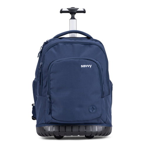 A front view of a navy Savvy trolley school bag with a telescopic handle extended and a structured base with two wheels.