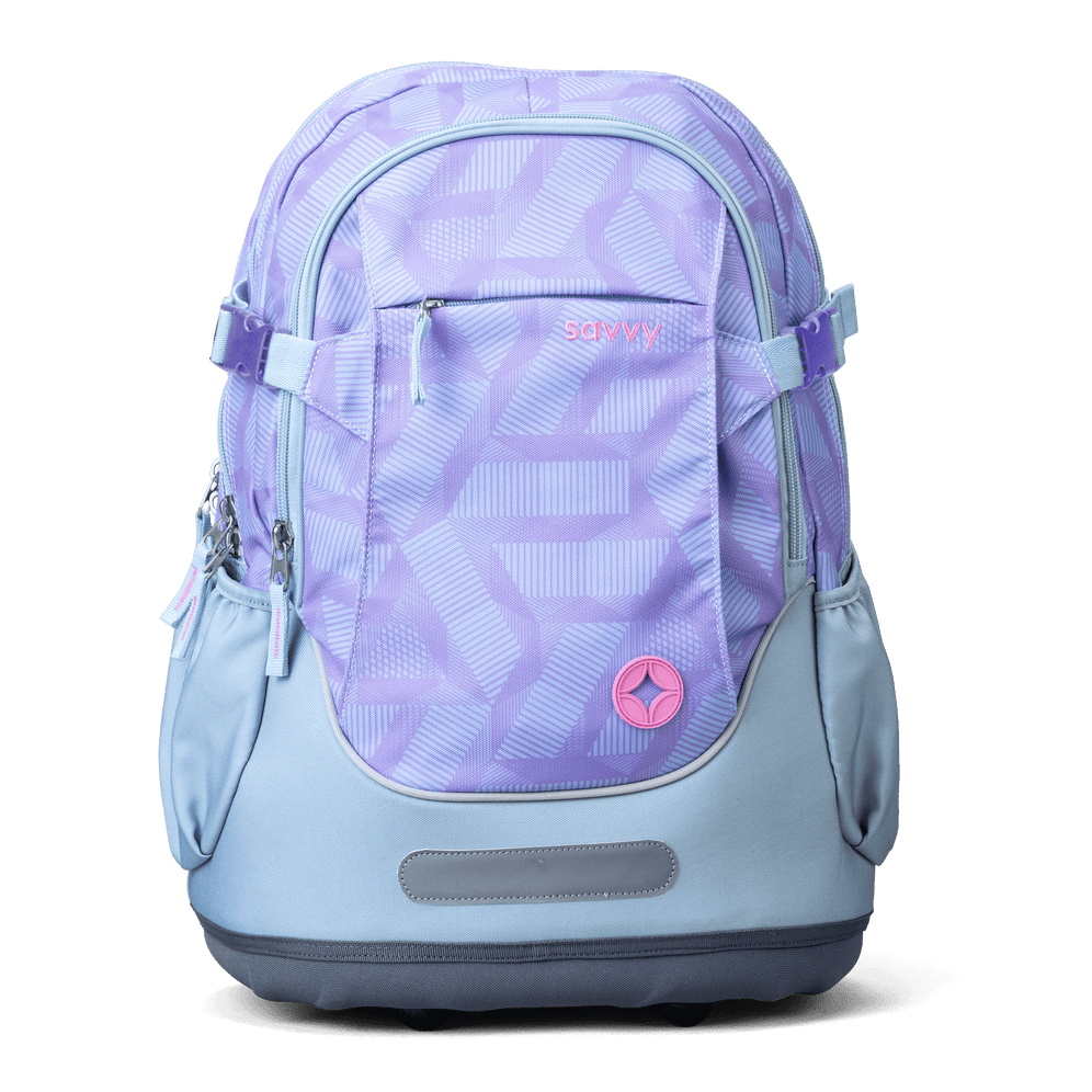 A front zip pocket on a purple geometric savvy school bag with side pockets, adjustable straps and reflective base.