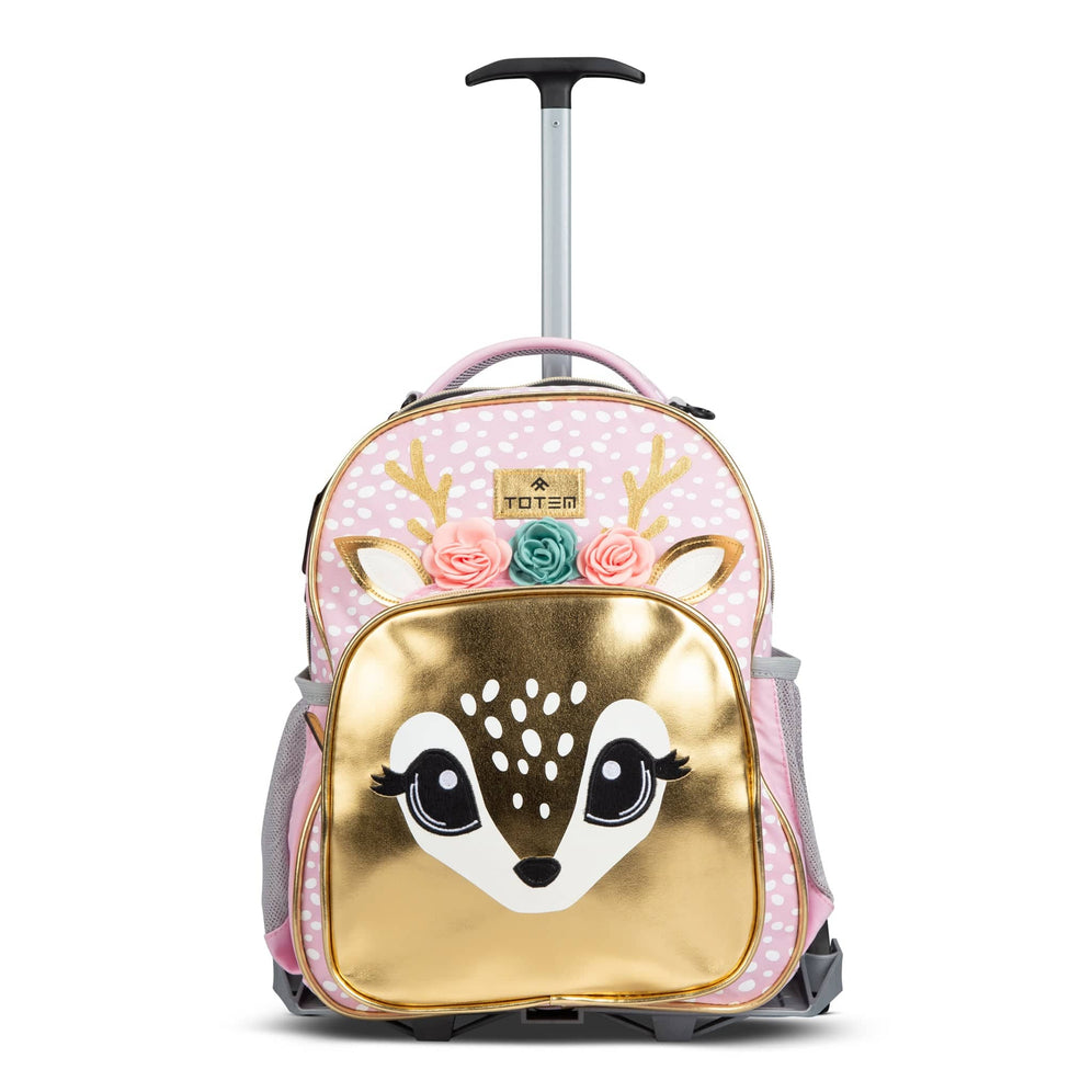 A front view of a pink polka-dot Totem trolley backpack with a telescopic handle raised.
