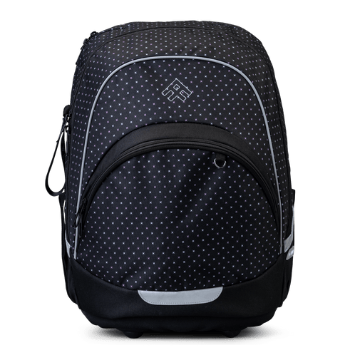 A front view of the Totem black orthopaedic school bag with tiny lilac and white cross print and a large front zip pocket.
