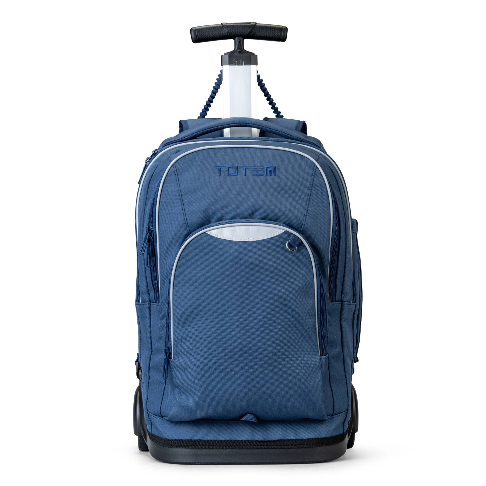 A front view of a Navy trolley bag with wheels and a handle that also has shoulder holders so that you can carry it on your back.