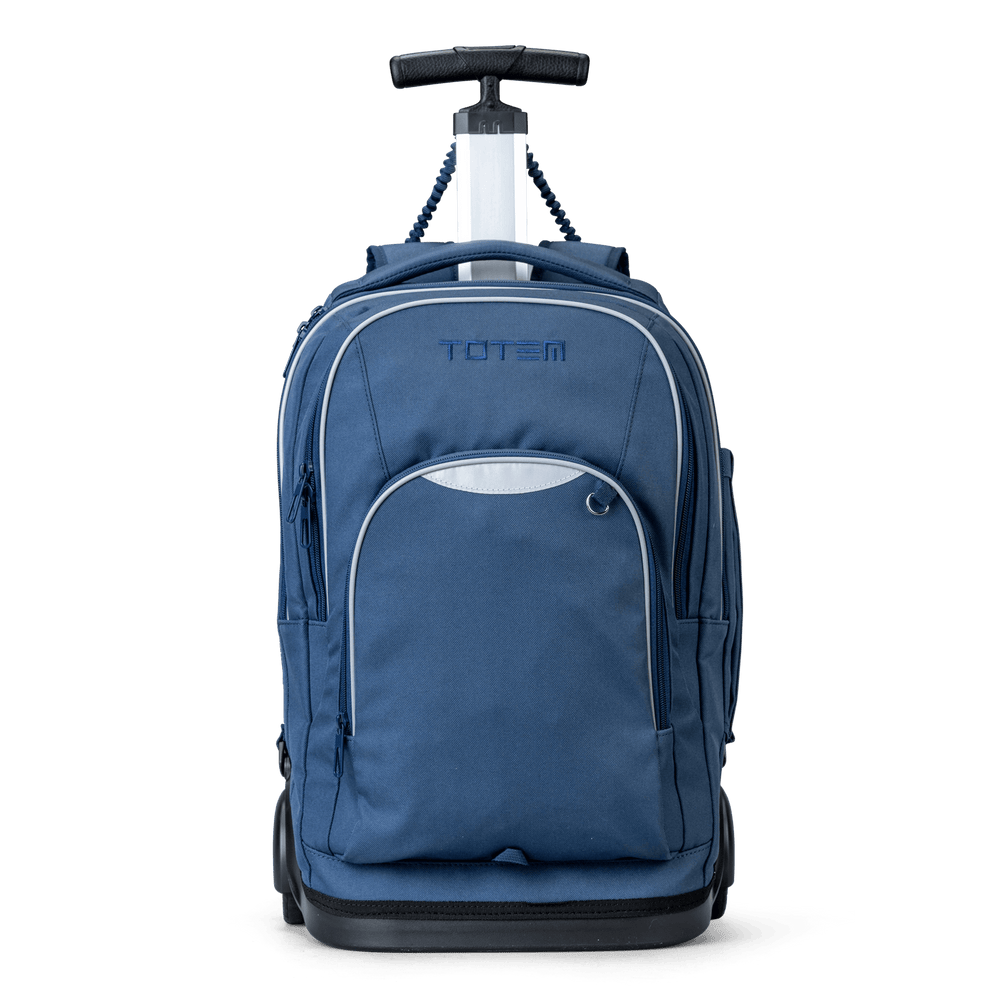 A front view of a Navy trolley bag with wheels and a handle that also has shoulder holders so that you can carry it on your back.