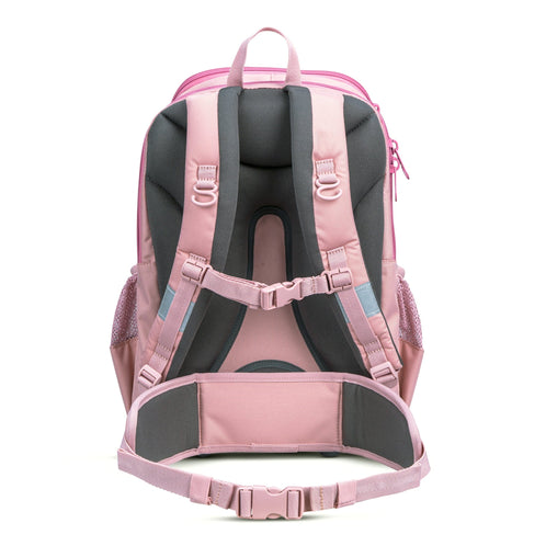 The rear view of a pink school backpack showing padded shoulder straps and adjustable chest and waist buckles.