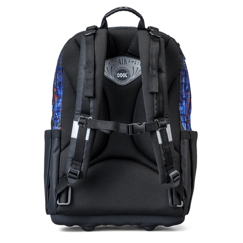 Rear view of an ergonomic hardbody Totem school bag, with shoulder, back padding and a sternum strap.