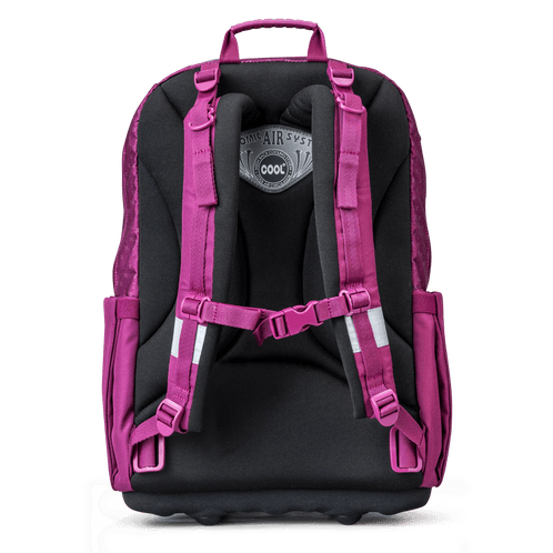 Rear view of the berry-purple Totem school backpack showing padded ergonomic straps and an adjustable chest strap.