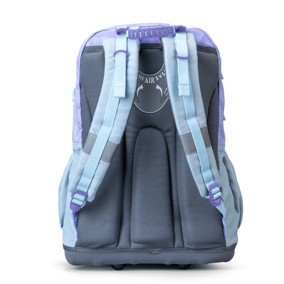 The back of a Savvy purple geometric school bag with an ergonomic airflow back-support panel and padded straps.
