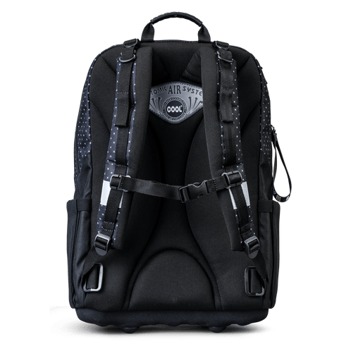 A back view of the Totem black ergonomic school backpack with a padded back panel, adjustable shoulder and chest straps.