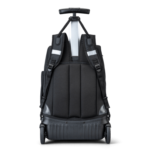 A back view of a black school trolley bag with wheels and a handle that also has shoulder holders so that you can carry it on your back.