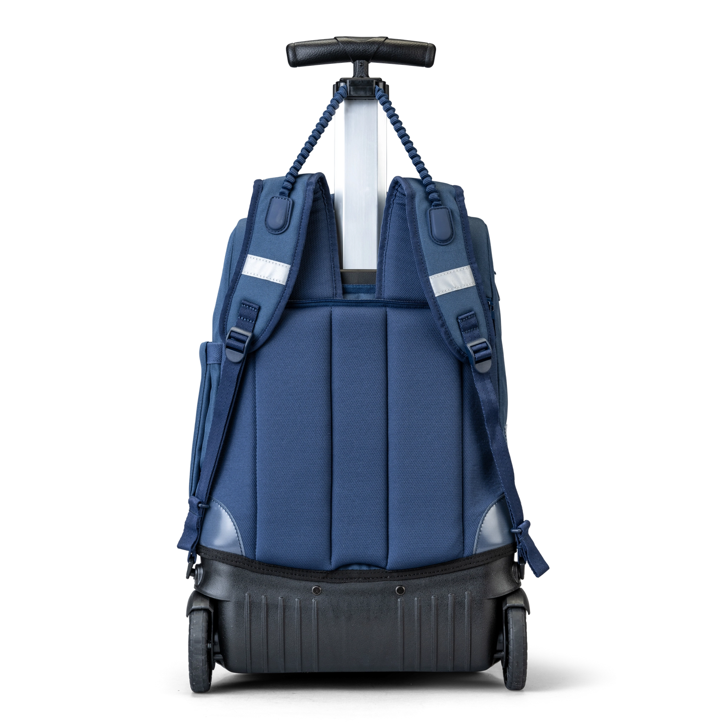 A back view of a Navy trolley bag with wheels and a handle that also has shoulder holders so that you can carry it on your back.