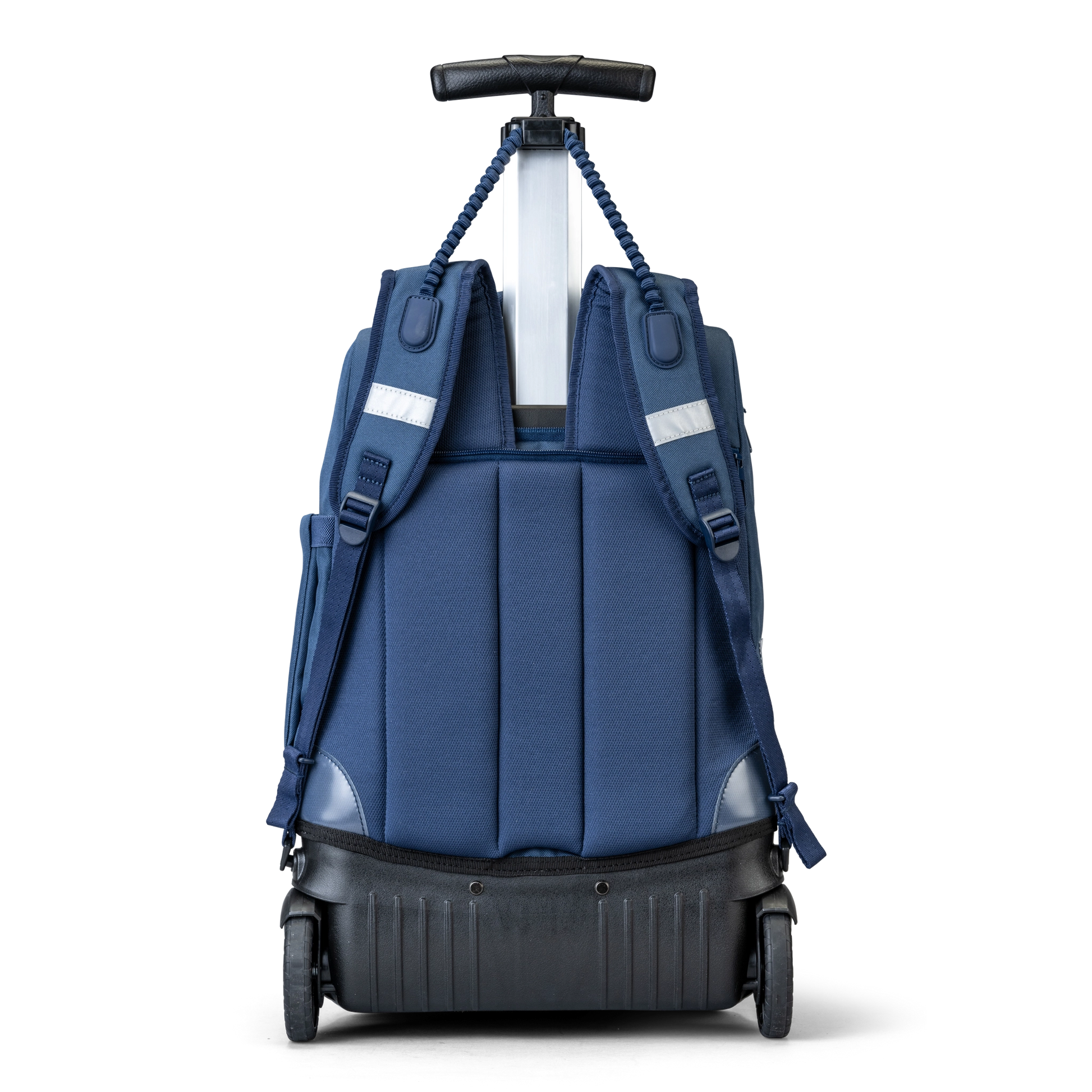 A back view of a Navy trolley bag with wheels and a handle that also has shoulder holders so that you can carry it on your back.