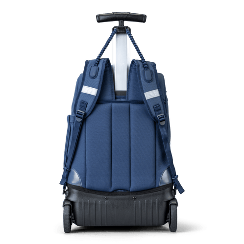 A back view of a Navy trolley bag with wheels and a handle that also has shoulder holders so that you can carry it on your back.