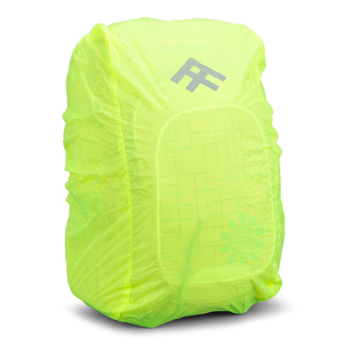 A neon yellow waterproof rain cover with a reflective logo, fitted snugly over a Totem school bag for visibility.