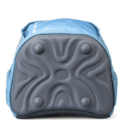 The bottom view of a light blue Totem school bag showing the moulded grey protective base with four stabilising feet.