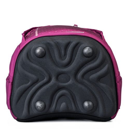 The bottom view of the purple trolley backpack shows the base with four rounded feet for stability.