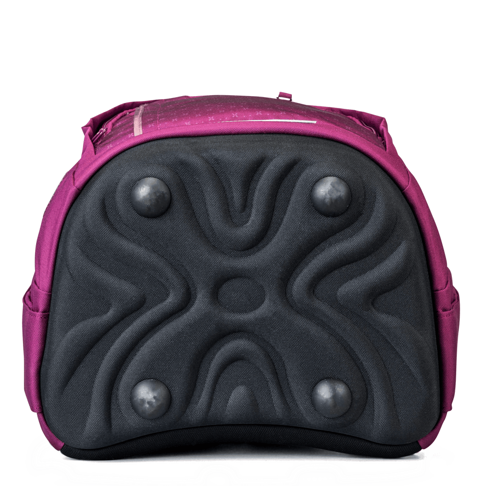 The bottom view of the purple trolley backpack shows the base with four rounded feet for stability.