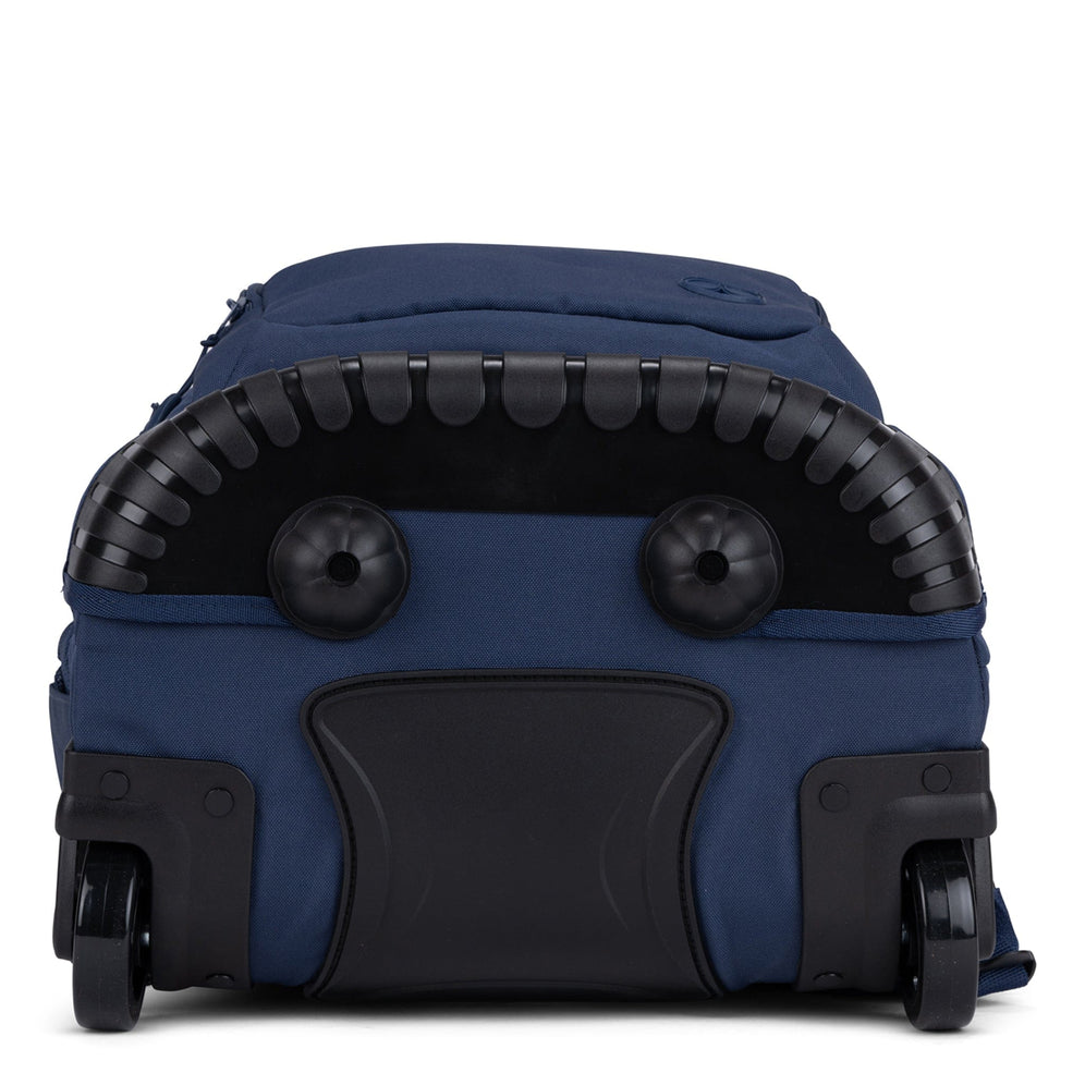 A bottom view of the Navy Savvy trolley backpack showing the reinforced base, protective skid plate and two wheels.