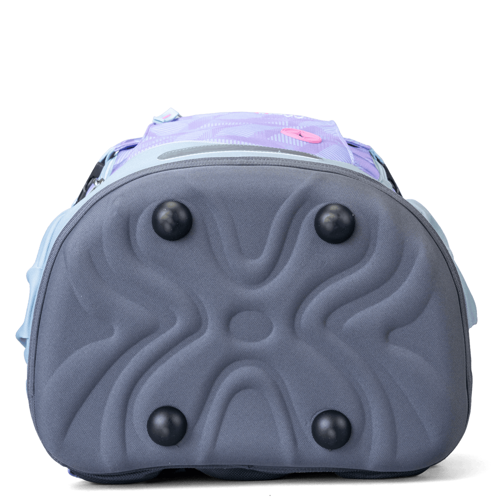 A reinforced moulded base with four protective feet on a purple-blue savvy school backpack.