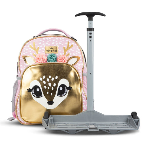 A pink polka-dot Deer Totem trolley backpack is shown with a detachable wheeled base and handle.