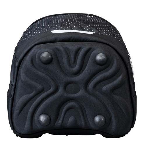 The bottom view of the Totem black wheeled school backpack shows the moulded protective base with lilac cross-print fabric.