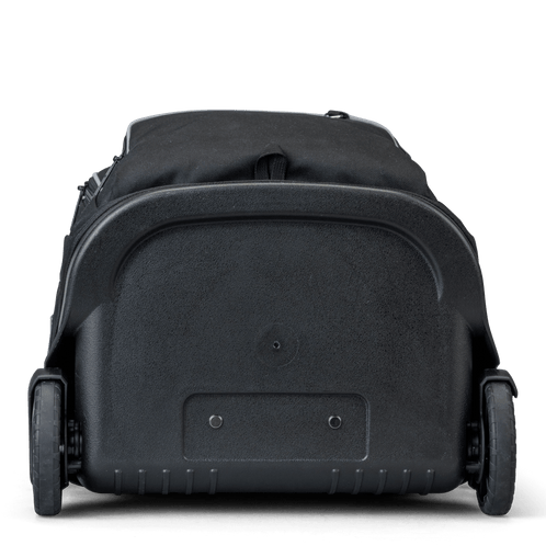 A bottom view of a black school trolley bag with wheels.