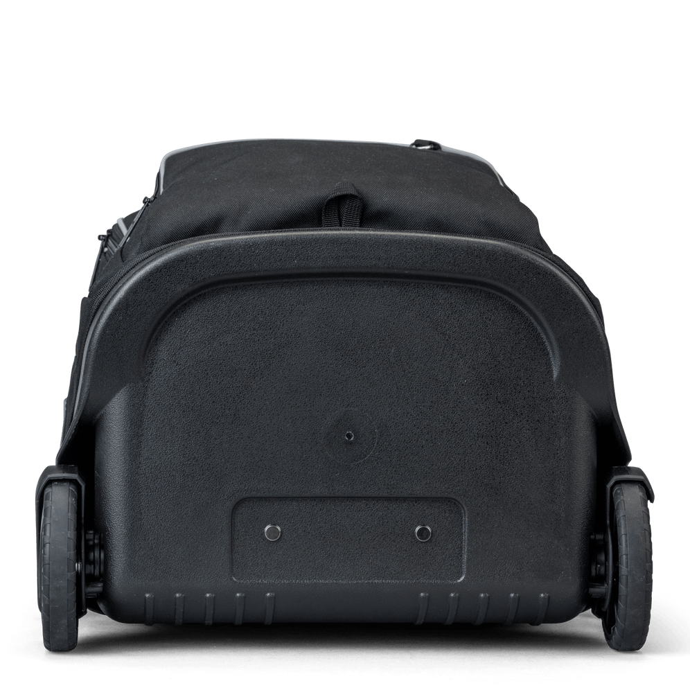 A bottom view of a black school trolley bag with wheels.