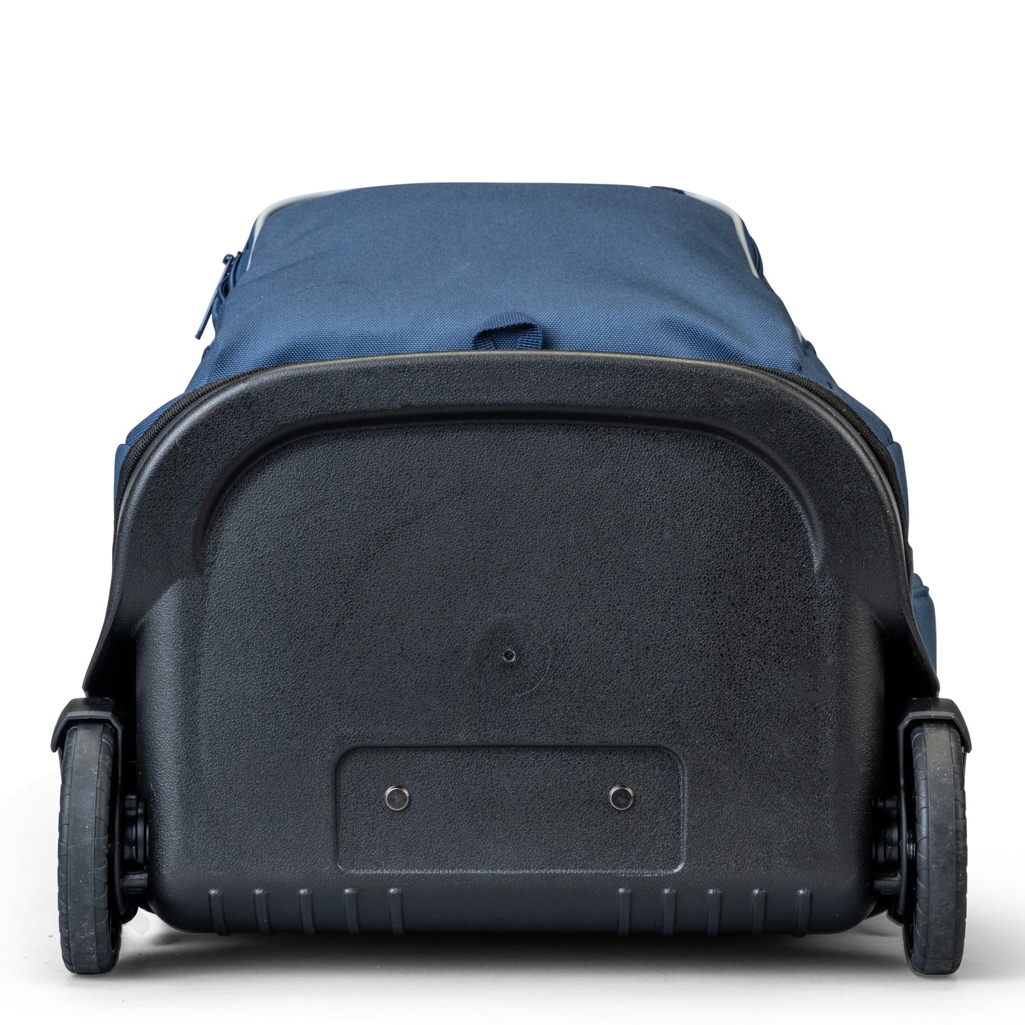 A bottom view of a Navy trolley bag with wheels.