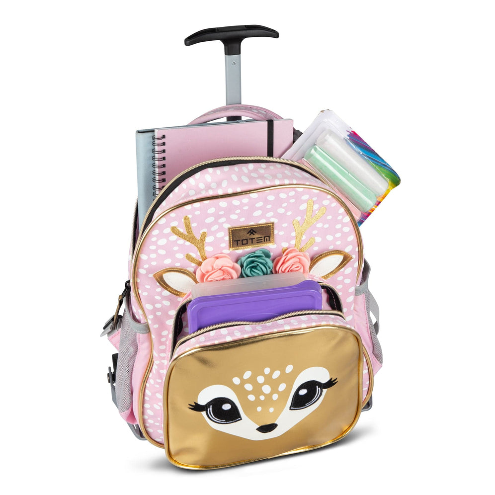 The front view of a pink polka-dot Totem trolley backpack, deer face pocket, main compartment open with stationery.