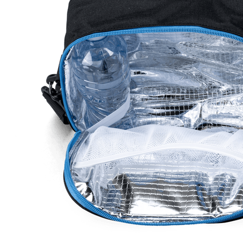 An insulated black Totem lunch bag featuring silver foil lining and a mesh pouch.