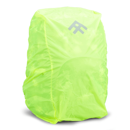 A bright neon yellow school bag rain cover is fully wrapped over a school bag to provide waterproof protection on a white background.