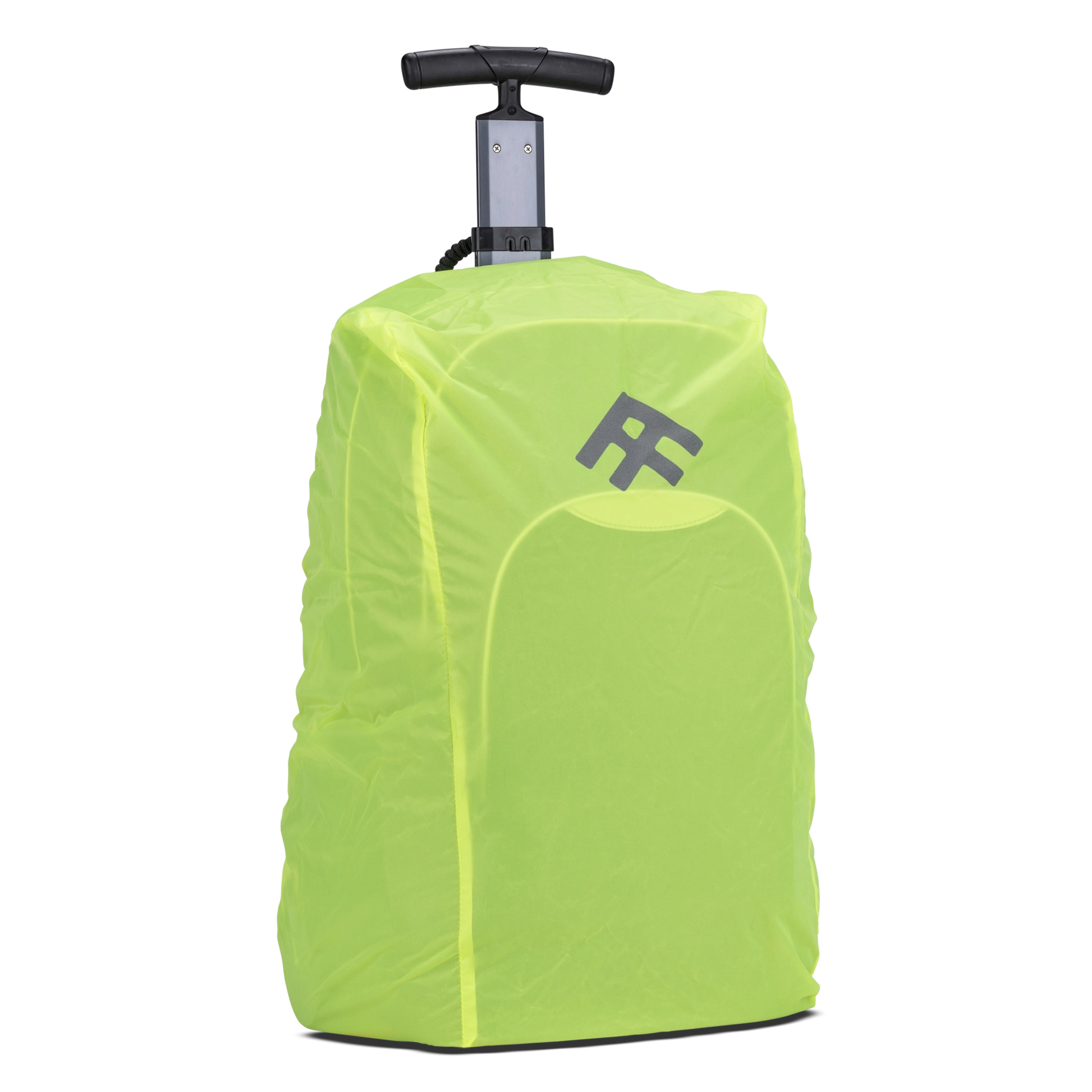 A lumo weather protector cover of a black school trolley bag with wheels and a handle that also has shoulder holders so that you can carry it on your back.