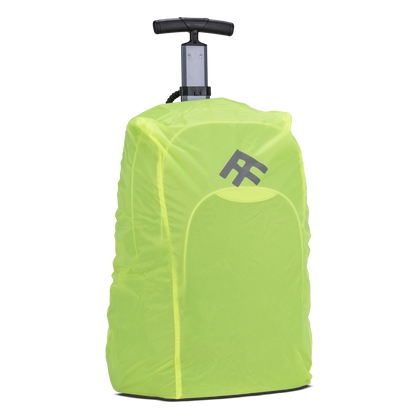 A lumo weather protector cover of a black school trolley bag with wheels and a handle that also has shoulder holders so that you can carry it on your back.