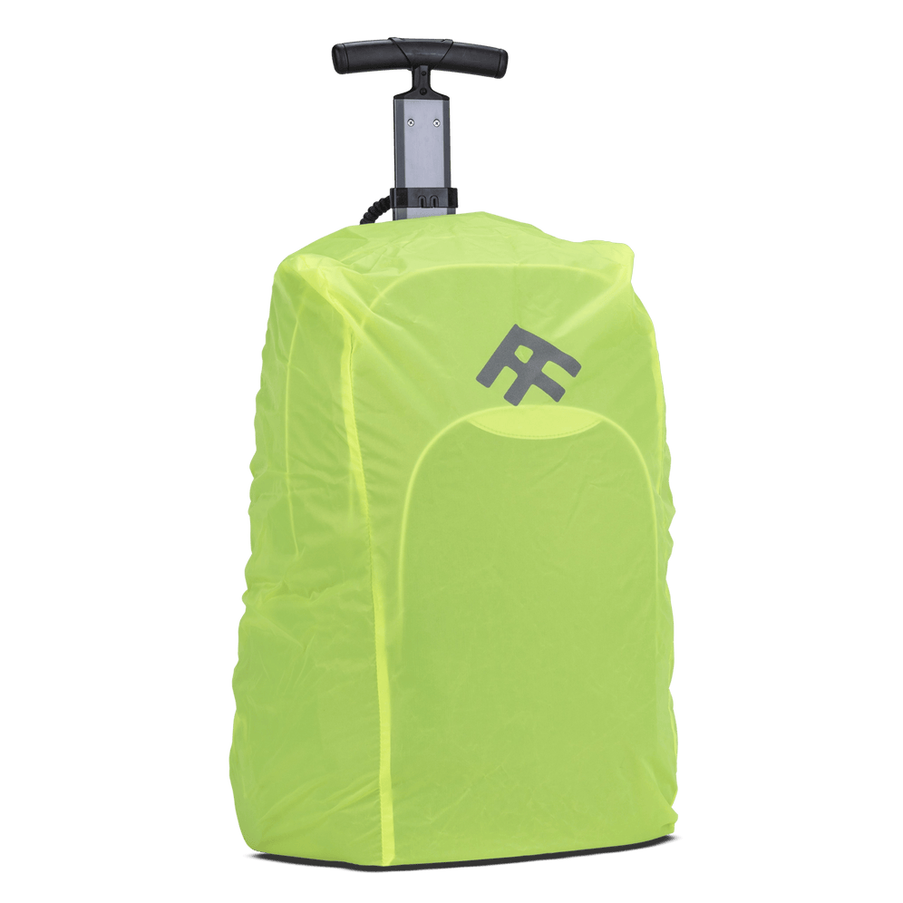 A lumo weather protector cover of a black school trolley bag with wheels and a handle that also has shoulder holders so that you can carry it on your back.