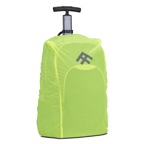 A lumo weather protector cover of a Navy trolley bag with wheels and a handle that also has shoulder holders so that you can carry it on your back.