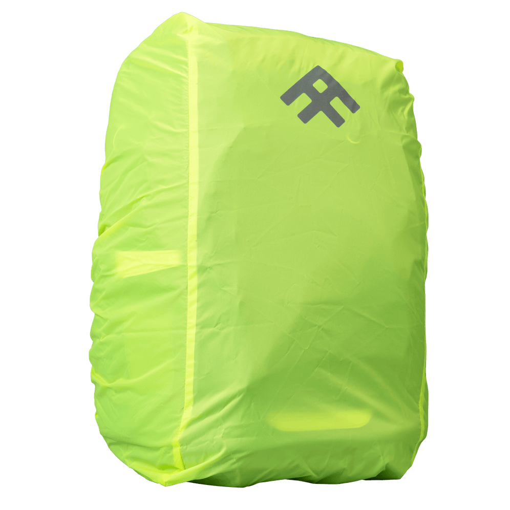 A front view of a neon yellow waterproof backpack rain cover featuring a reflective Totem logo near the top.