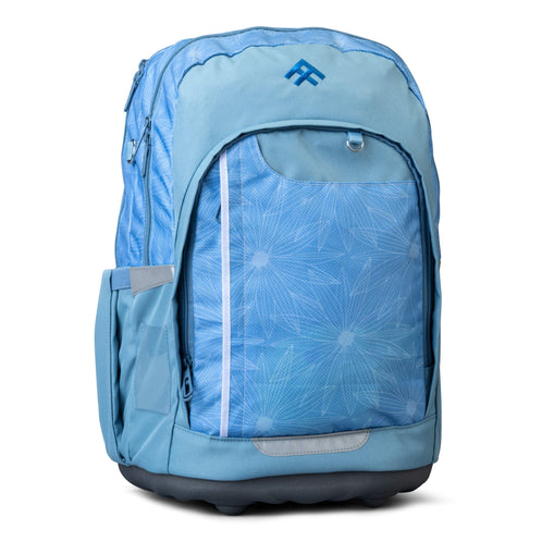A three-quarter front view of a light blue Totem orthopaedic school backpack with side pockets and a reflective strip.
