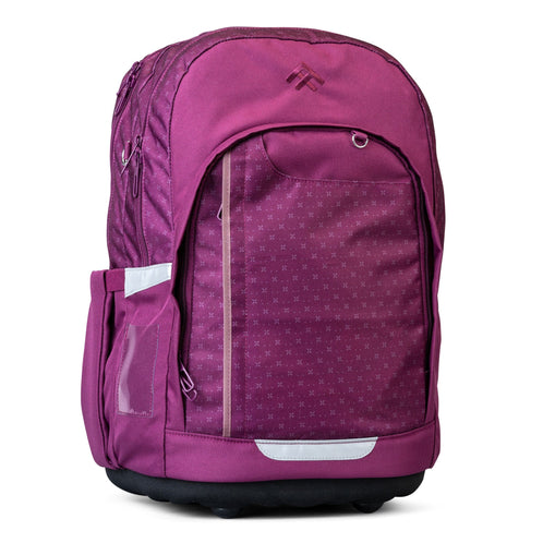 Front view of a berry-purple Totem school backpack with a patterned front panel and reflective trim.