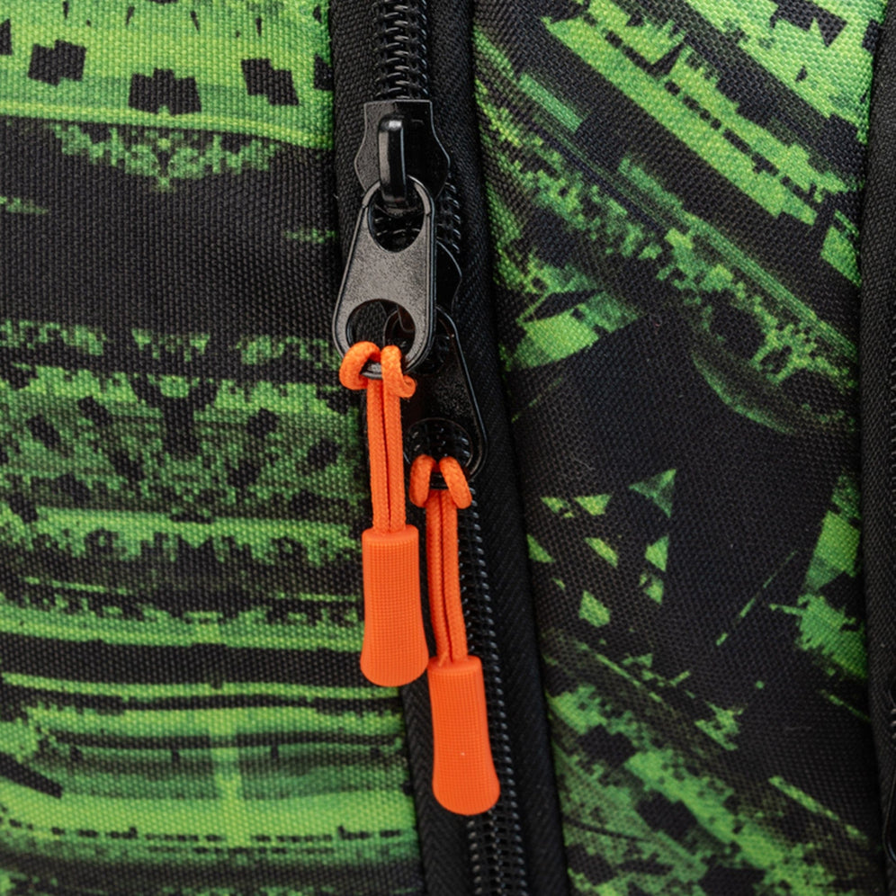 A close-up of twin black zips with bright orange pullers on the green/black school bag with wheels.