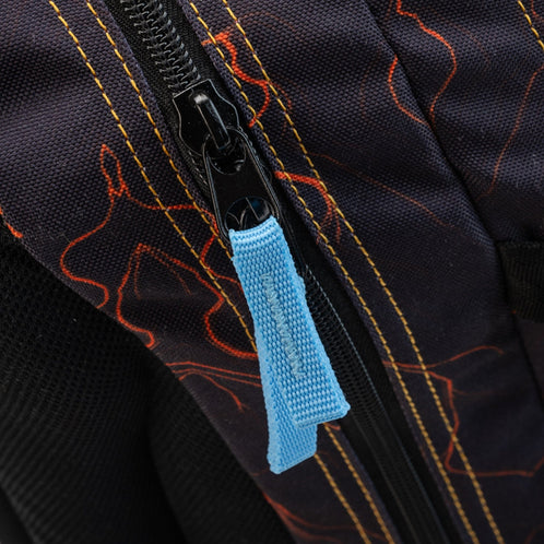 A close-up of a black Savvy school bag zip with a light-blue puller on dark navy fabric, traced with orange lines.