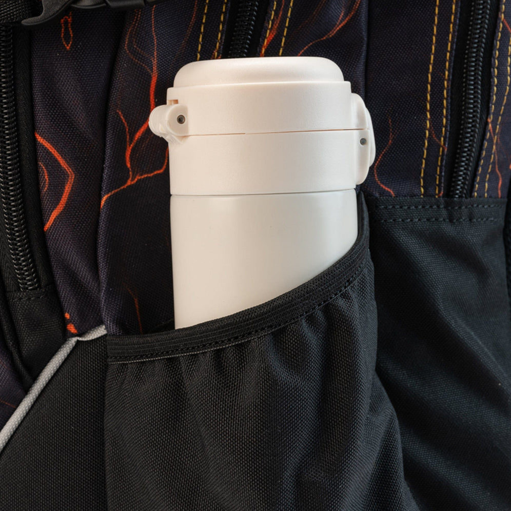 A black elastic bottle pocket holding a white flask beside orange-lined panels on a School bag.