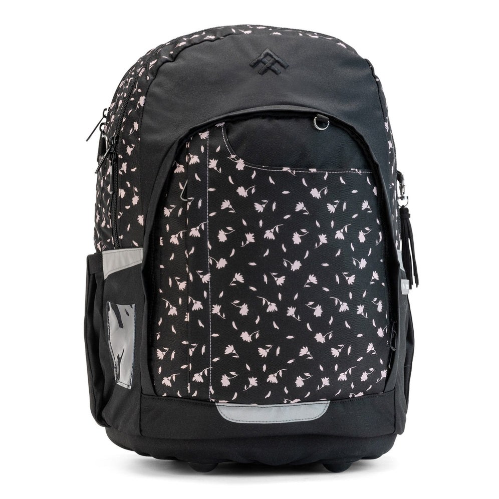 A black schoolbag with light pink floral print, front zip pocket, and reflective safety strips.