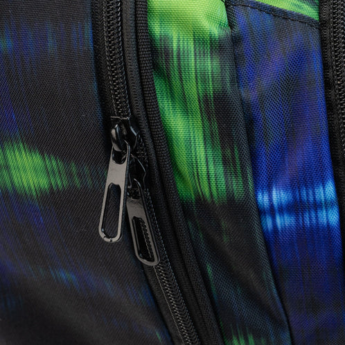 A close-up of a Totem trolley school backpack showing durable double zippers, highlighting the bag's sturdy construction.