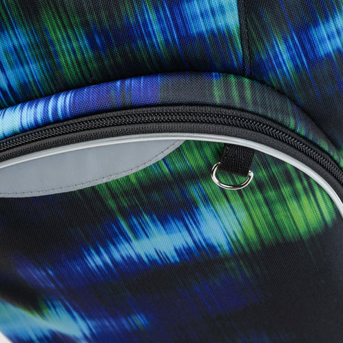 A close-up view of a Totem school bag featuring a blue and green digital stripe pattern and a durable front zip pocket.